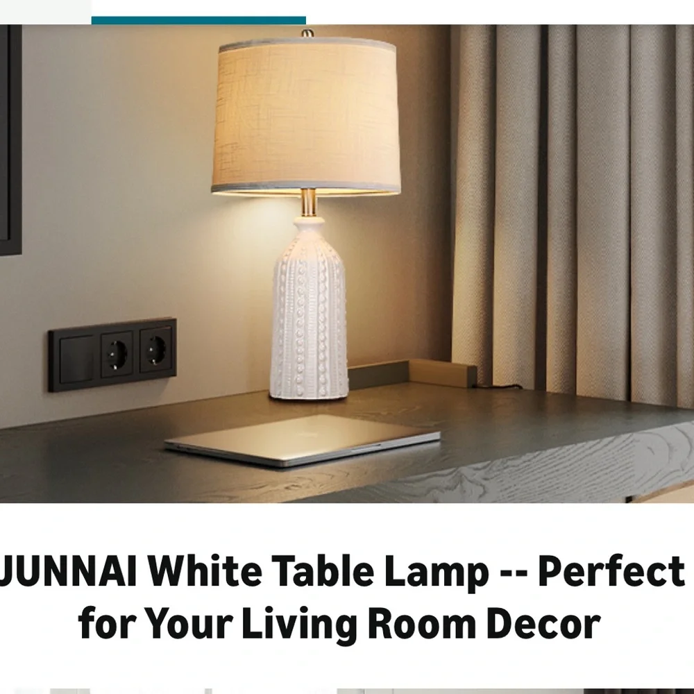 3-Way Dimmable White Ceramic Table Lamp with White Drum Slub Shade & Bulb-24.5”